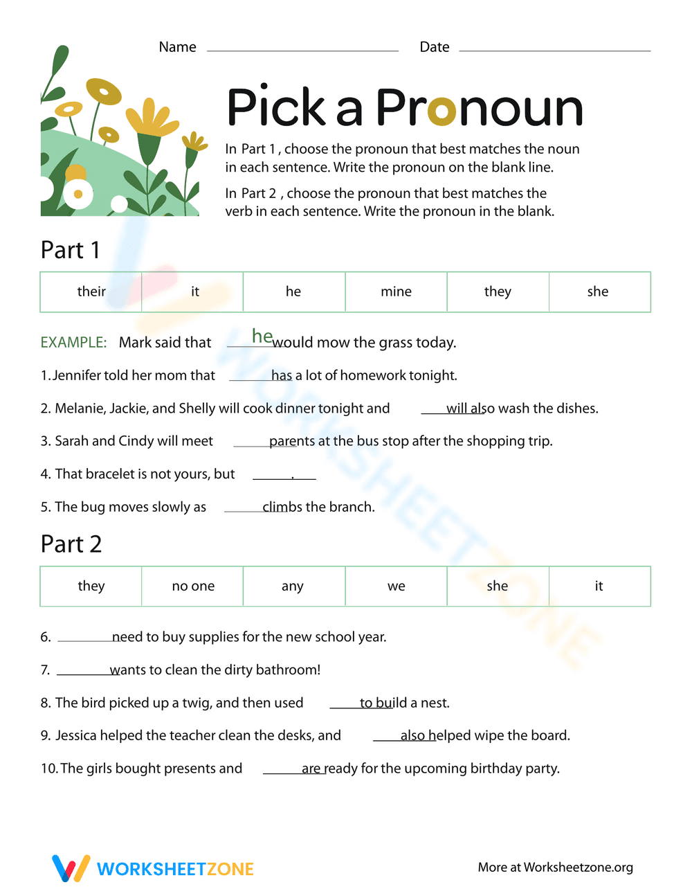 Pick a Pronoun: Grammar Worksheet - Page 1