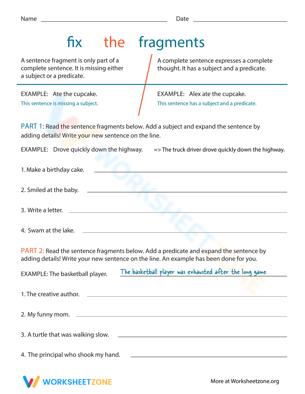 Fix the Fragments Grammar Worksheet - Page 1