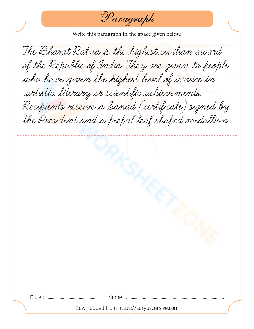 Practice Cursive with 'Bharat Ratna' Worksheet - Page 1