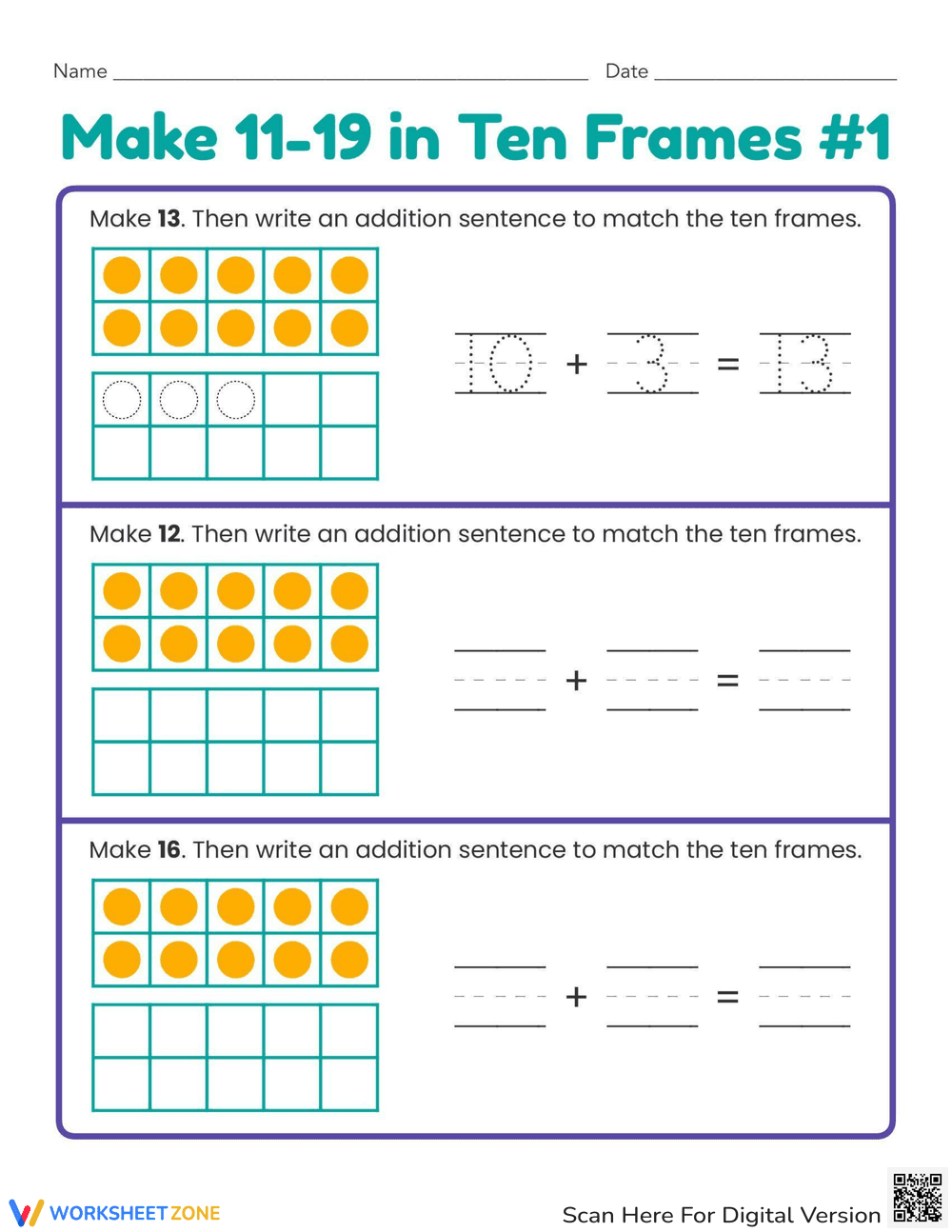 Make 11-19: Practice with Ten Frames - Page 1