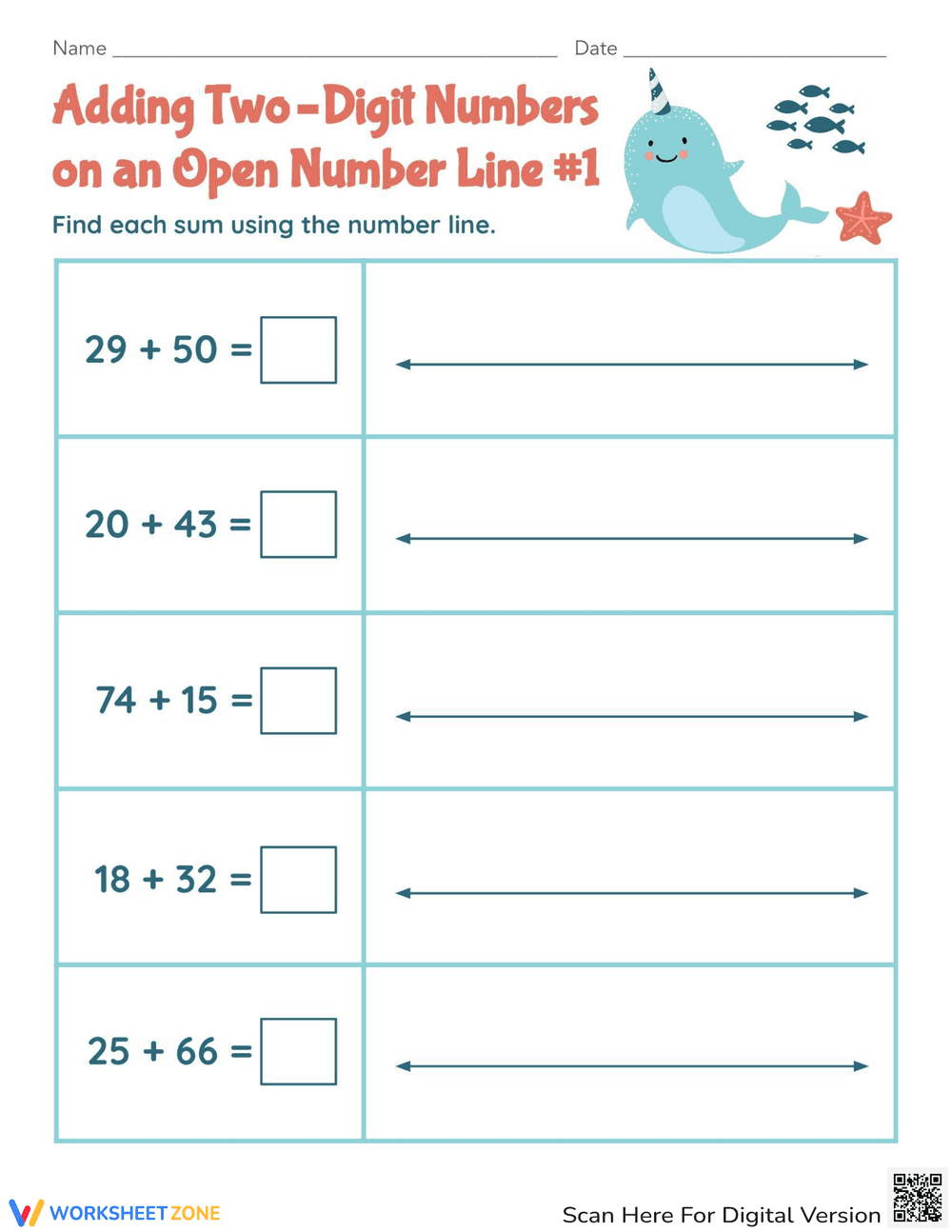 Two-Digit Addition Using Open Number Lines - Page 1