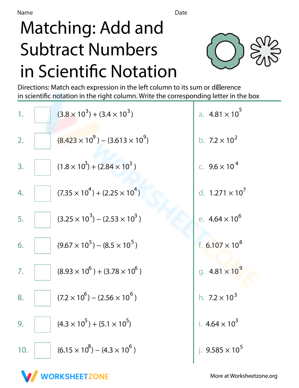 Add and Subtract: Scientific Notation Matching - Page 1