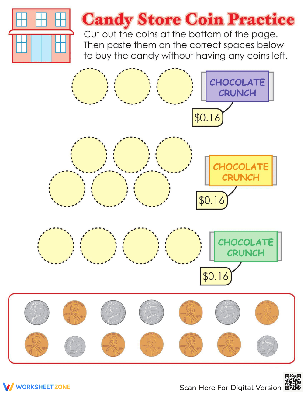Candy Store Coin Practice Worksheet - Page 1