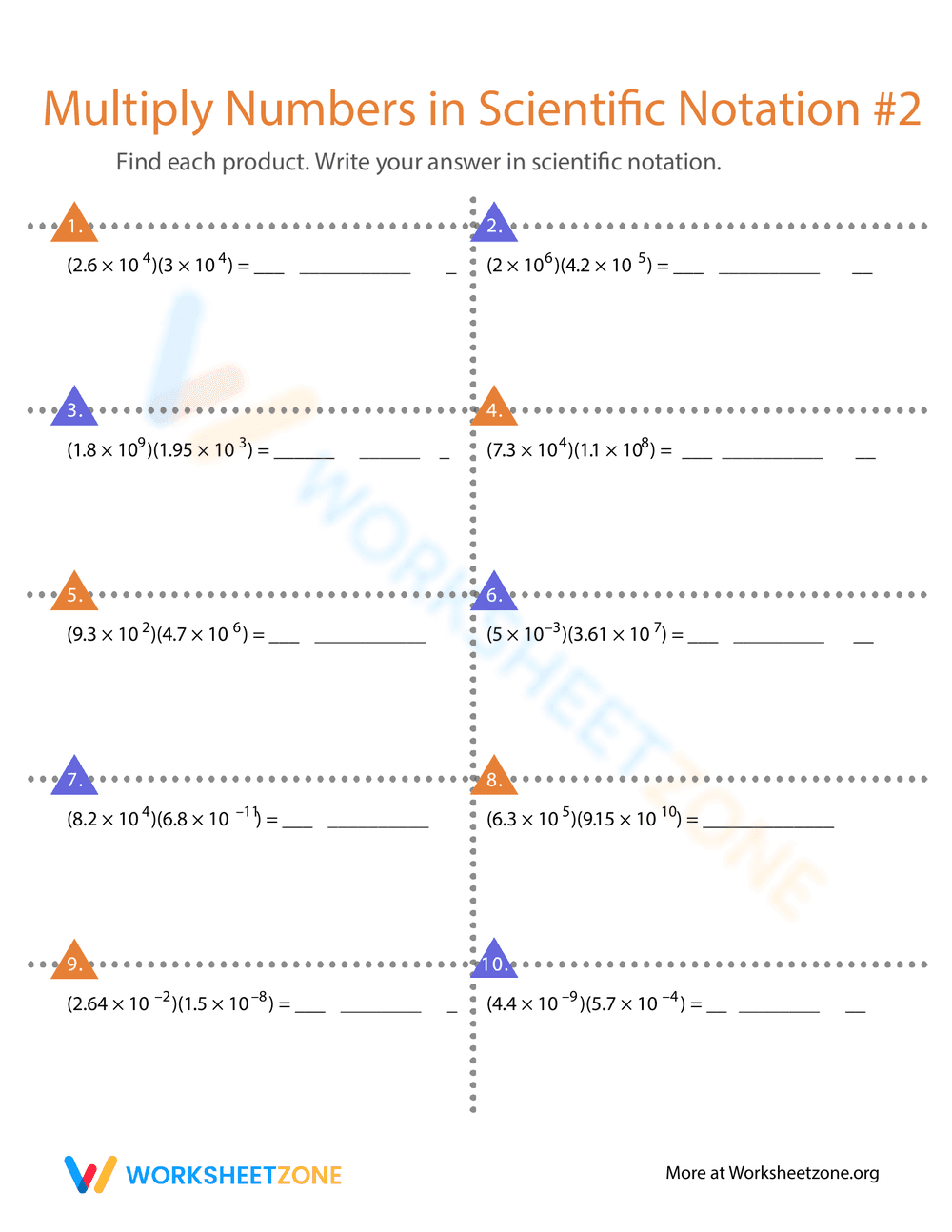 Multiply Numbers in Scientific Notation Worksheet - Page 1