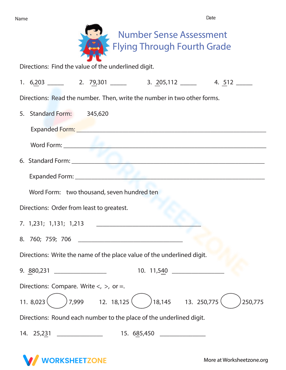 Number Sense Assessment for Fourth Grade - Page 1