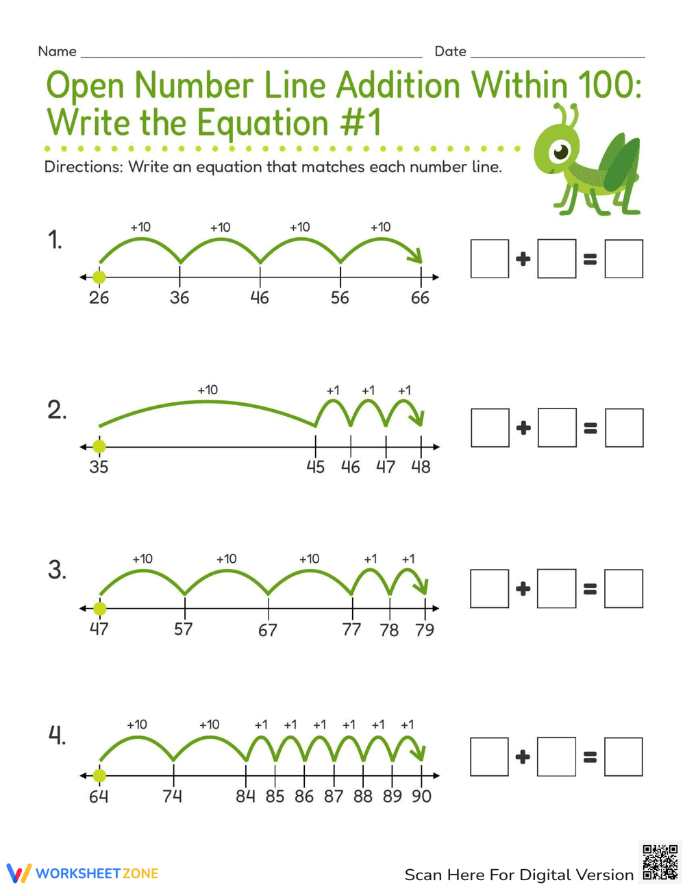 Addition within 100 on an Open Number Line - Page 1