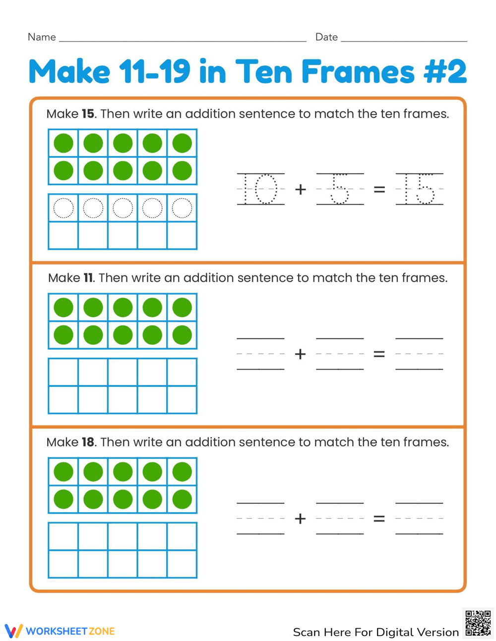 Make 11-19 in Ten Frames Worksheet - Page 1
