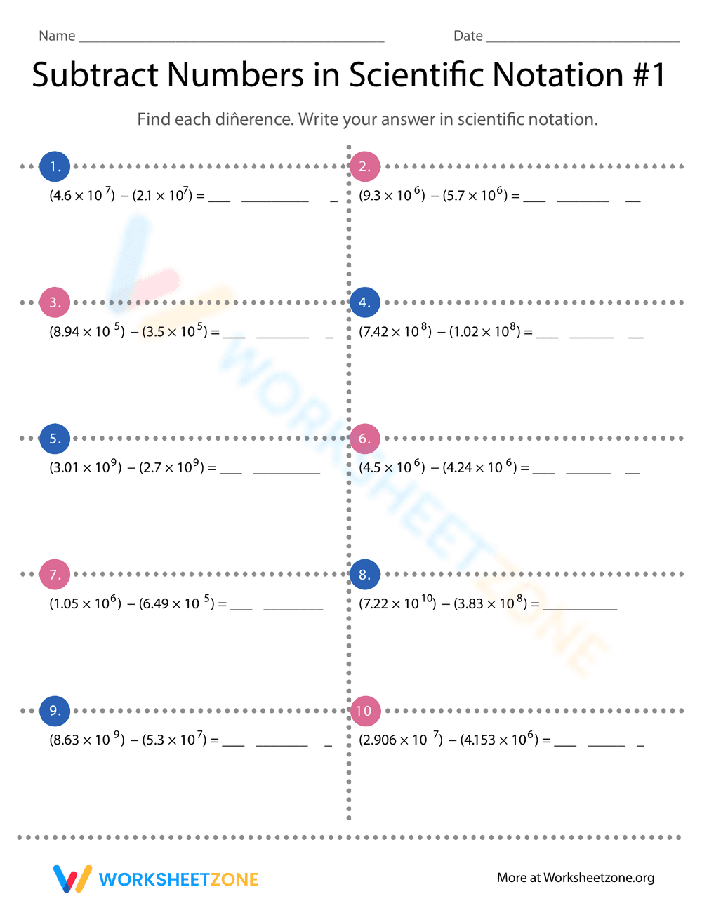 Subtracting Numbers in Scientific Notation Worksheet - Page 1