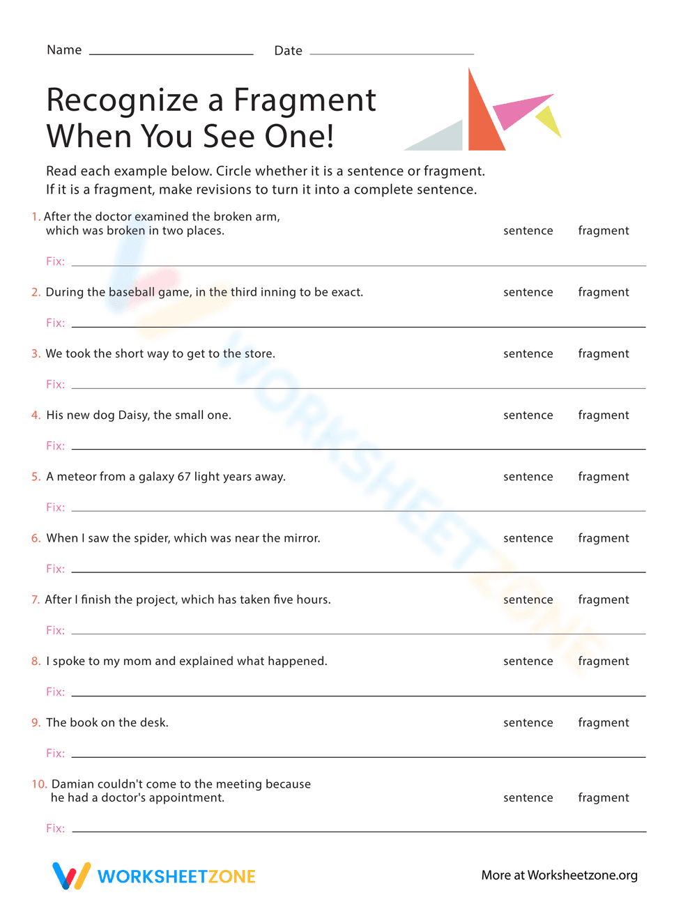Recognize Sentence Fragments Worksheet - Page 1