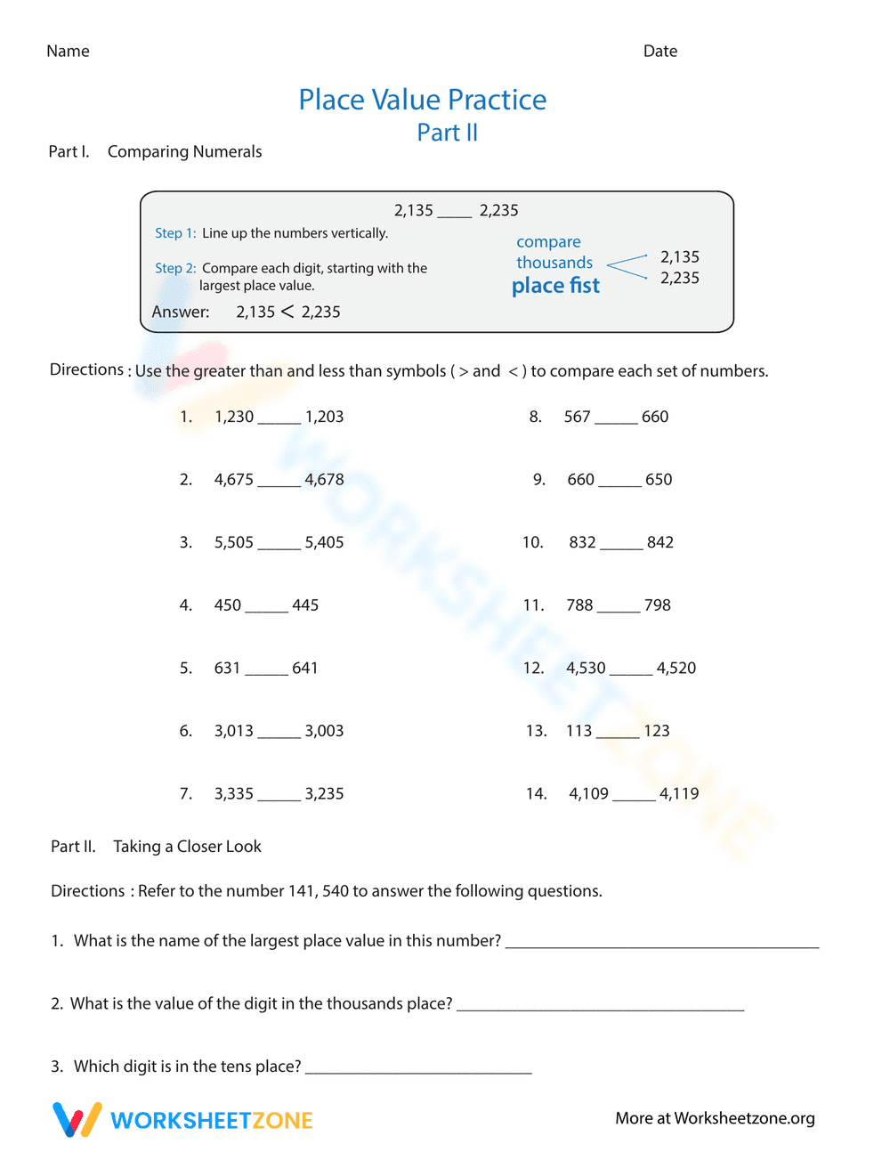 Place Value Practice: Part II Worksheet - Page 1
