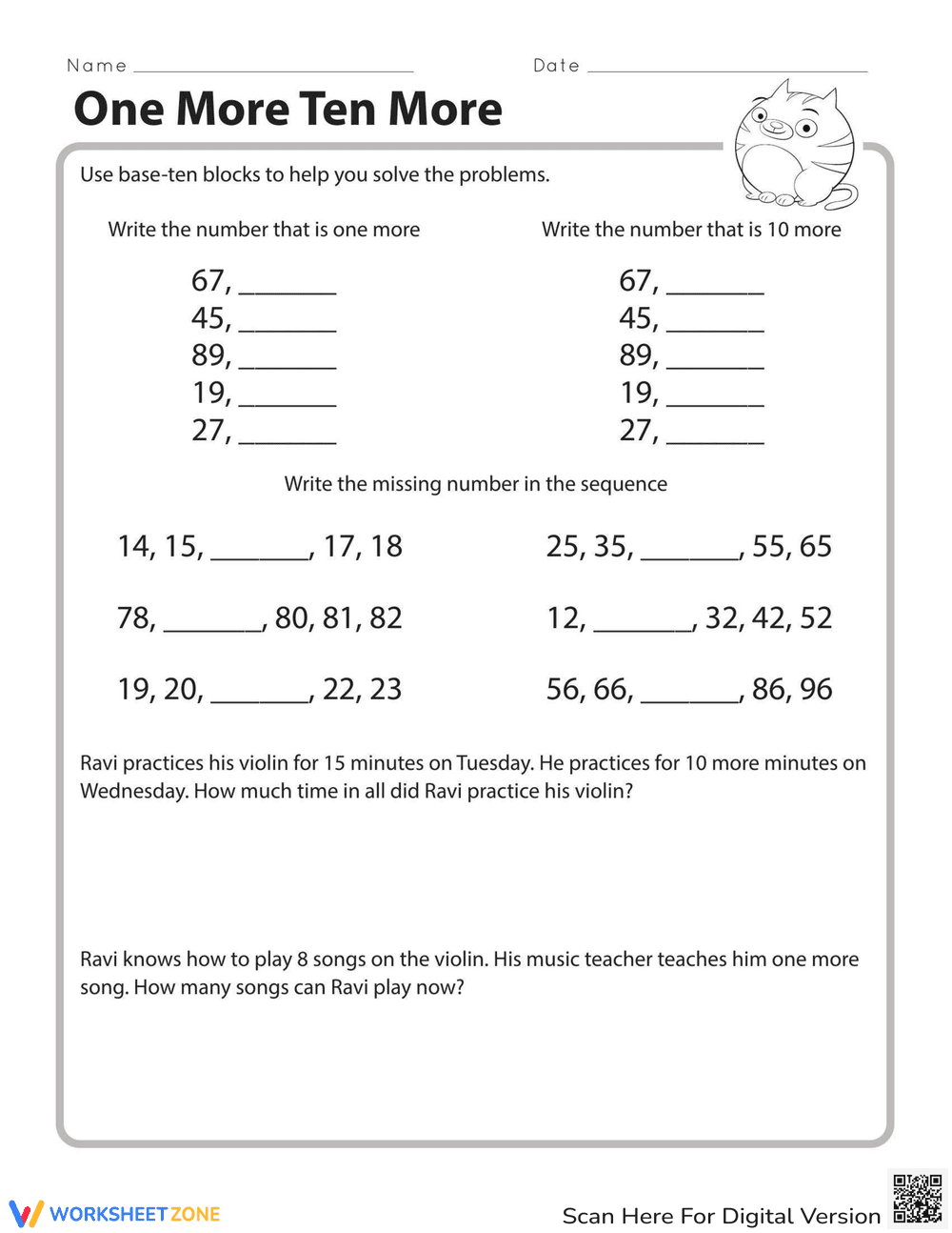 One More, Ten More Number Sense Worksheet - Page 1
