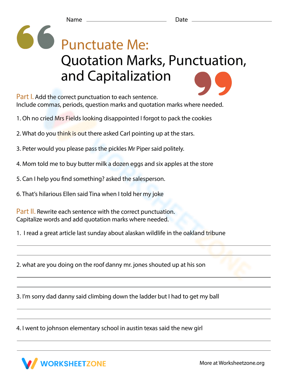 Punctuation, Quotations, and Capitalization Practice - Page 1