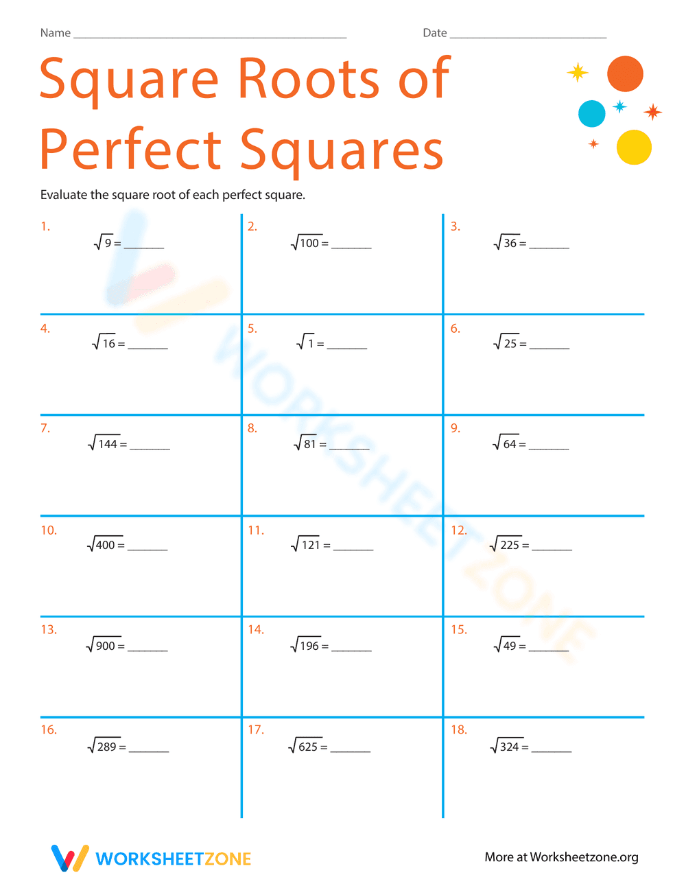 Square Roots of Perfect Squares Worksheet - Page 1