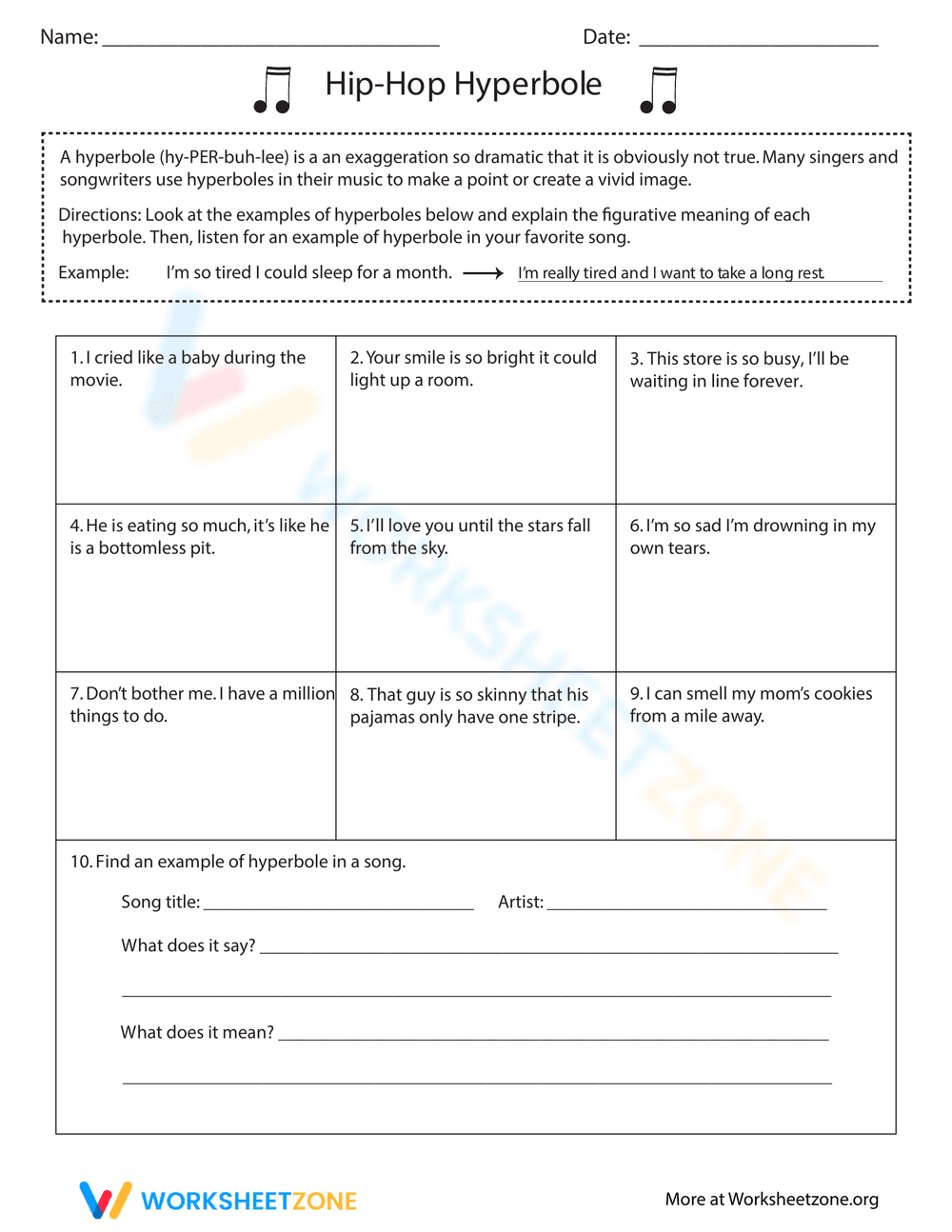 Hip Hop Hyperboles Worksheet - Page 1