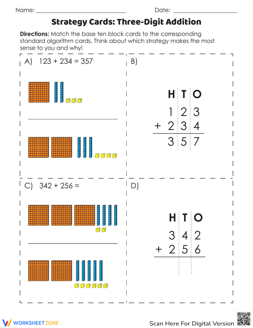 Three-Digit Addition Strategies Worksheet - Page 1