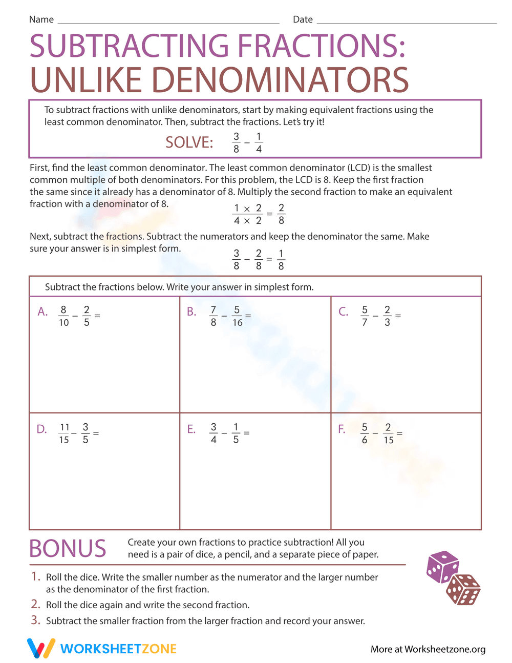 Fraction Subtraction Practice Worksheet - Page 1