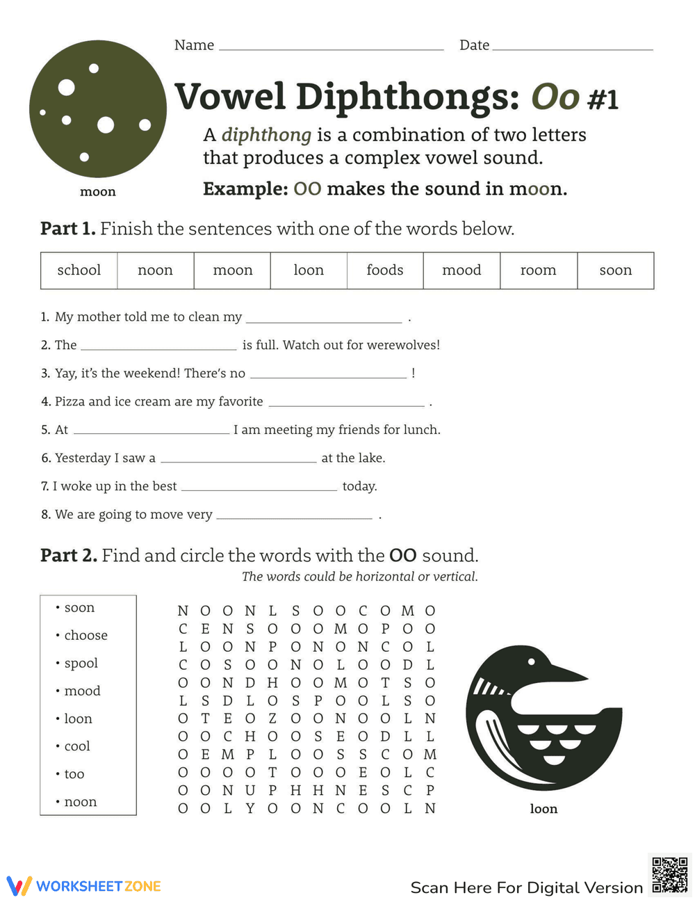 Explore Diphthongs with 'oo' Worksheet - Page 1