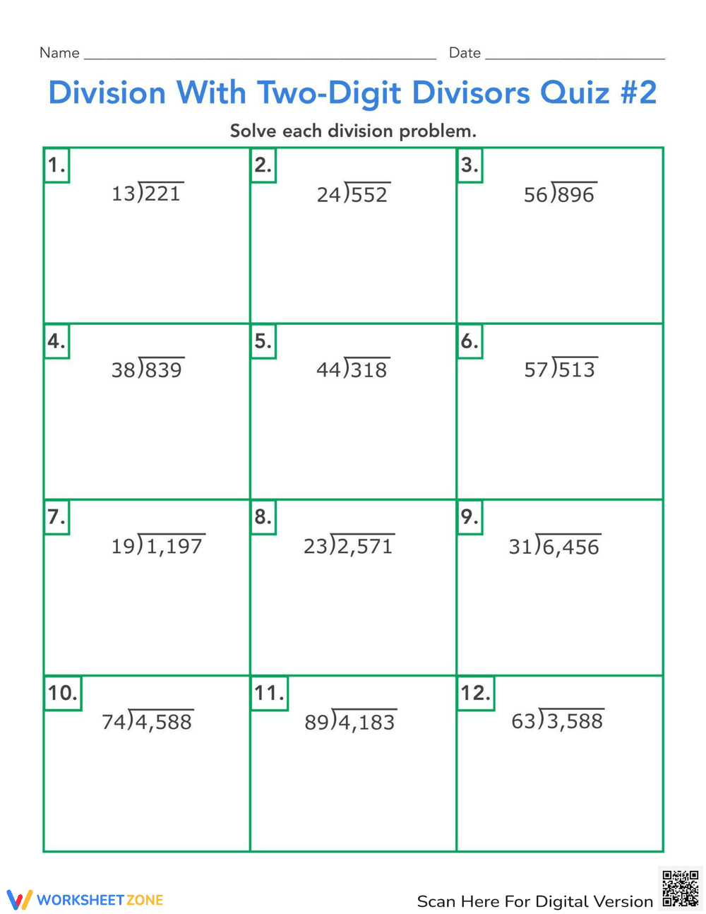 Two-Digit Divisors Division Quiz Worksheet - Page 1