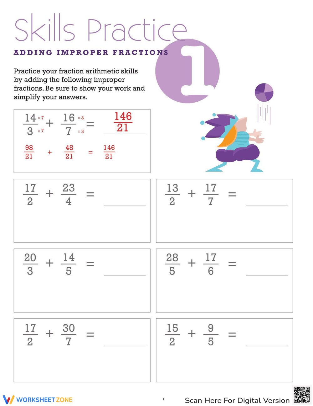 Adding Improper Fractions Worksheet - Page 1