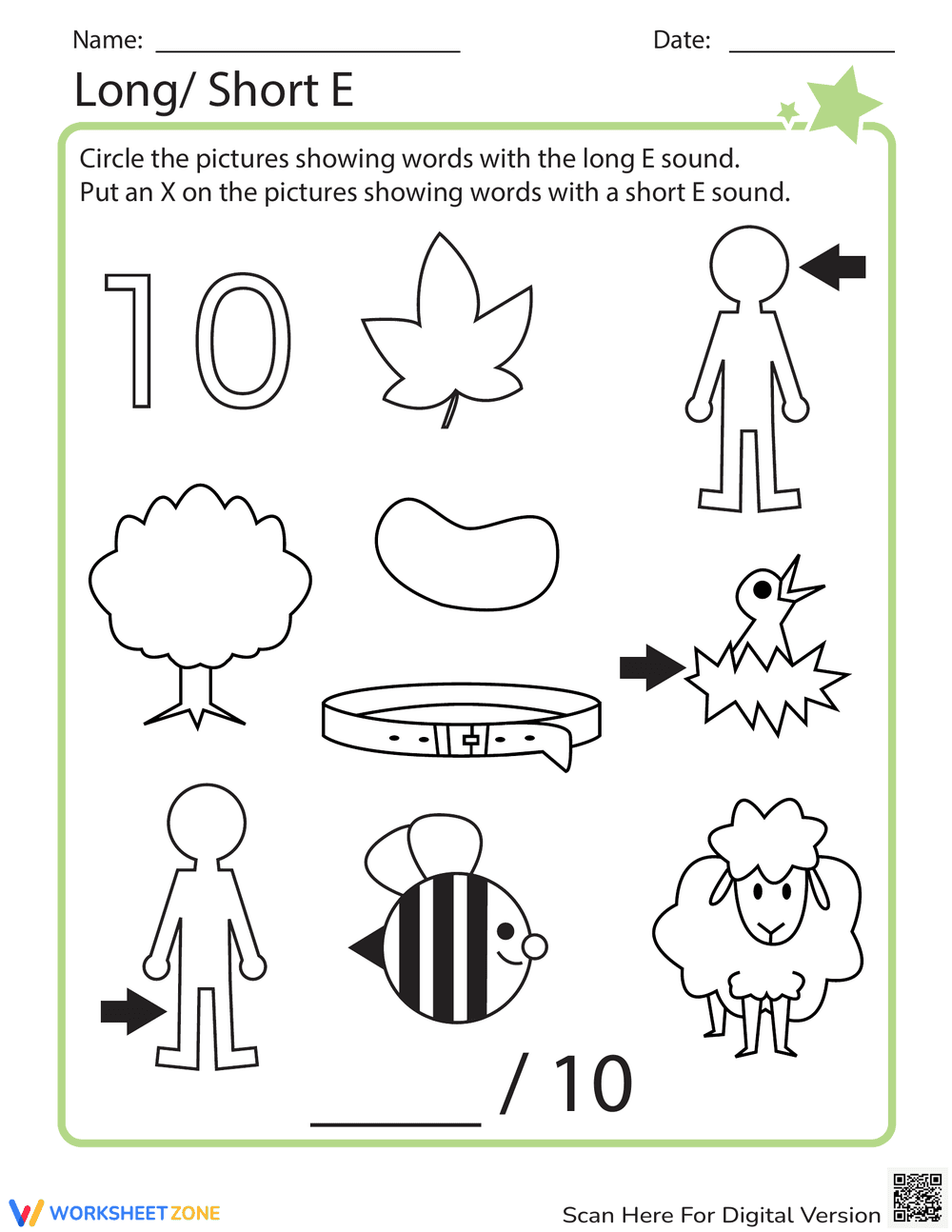 Long and Short E Sounds Worksheet - Page 1