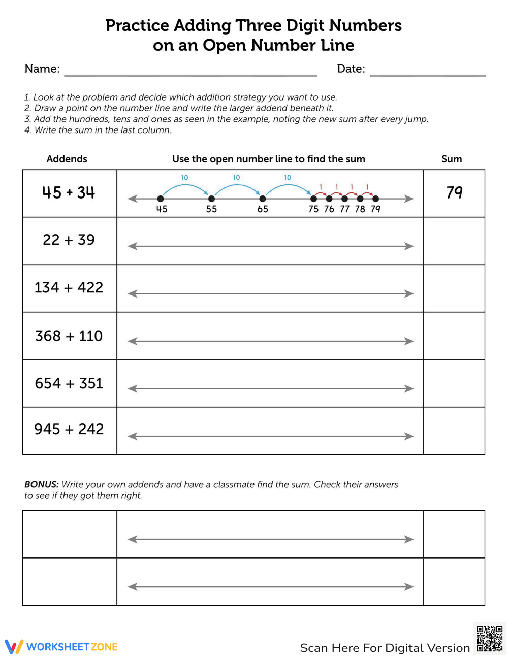 Practice Adding Three-Digit Numbers on an Open Number Line - Page 1