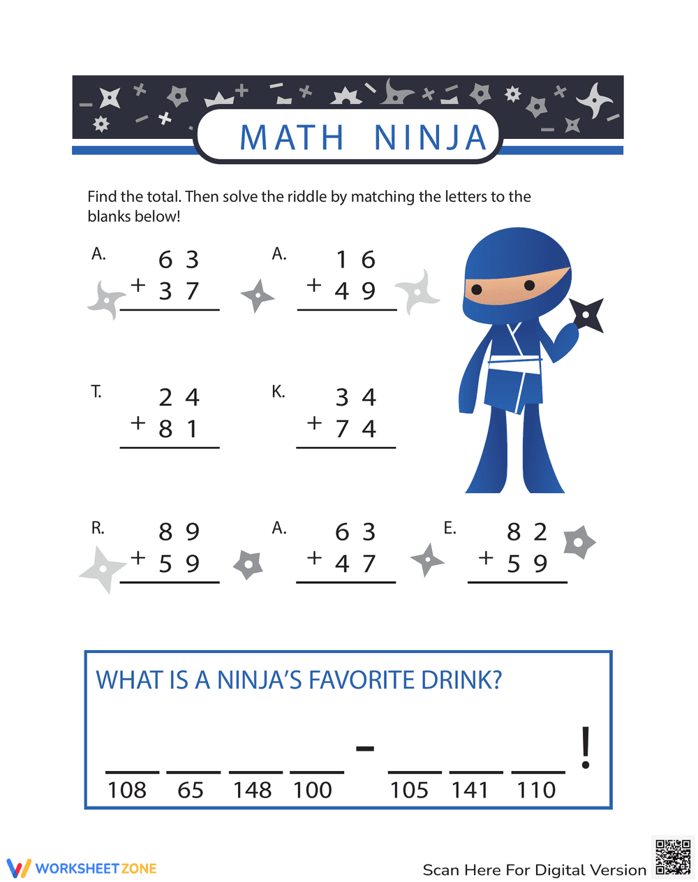 Ninja Riddle: A Fun Math Riddle Worksheet - Page 1
