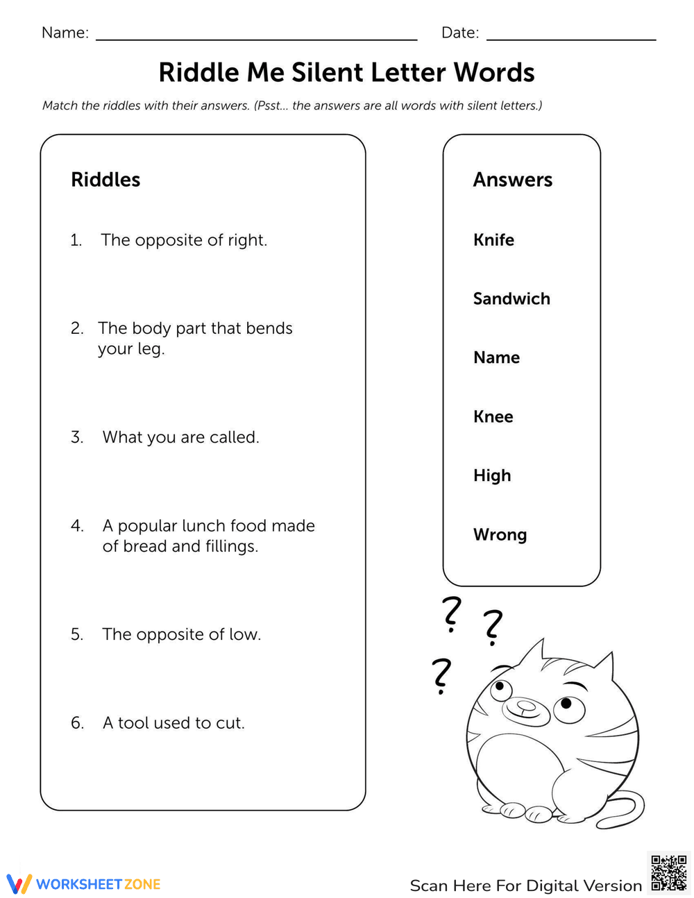 Silent Letter Words: Riddle Me Worksheet - Page 1