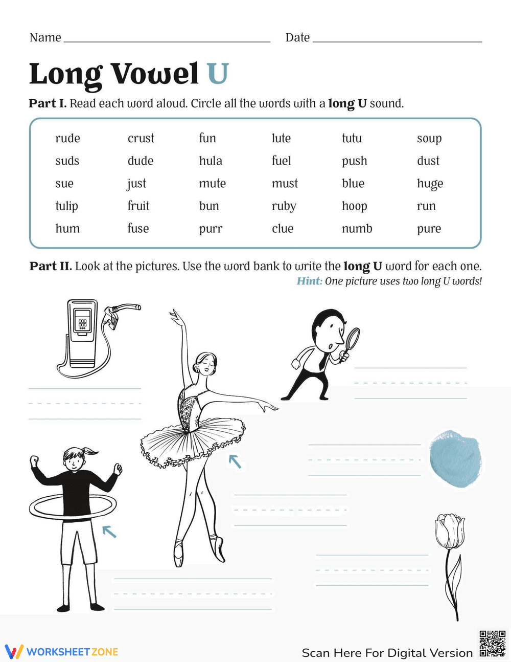 Learn Long Vowel 'U' Phonics Worksheet - Page 1