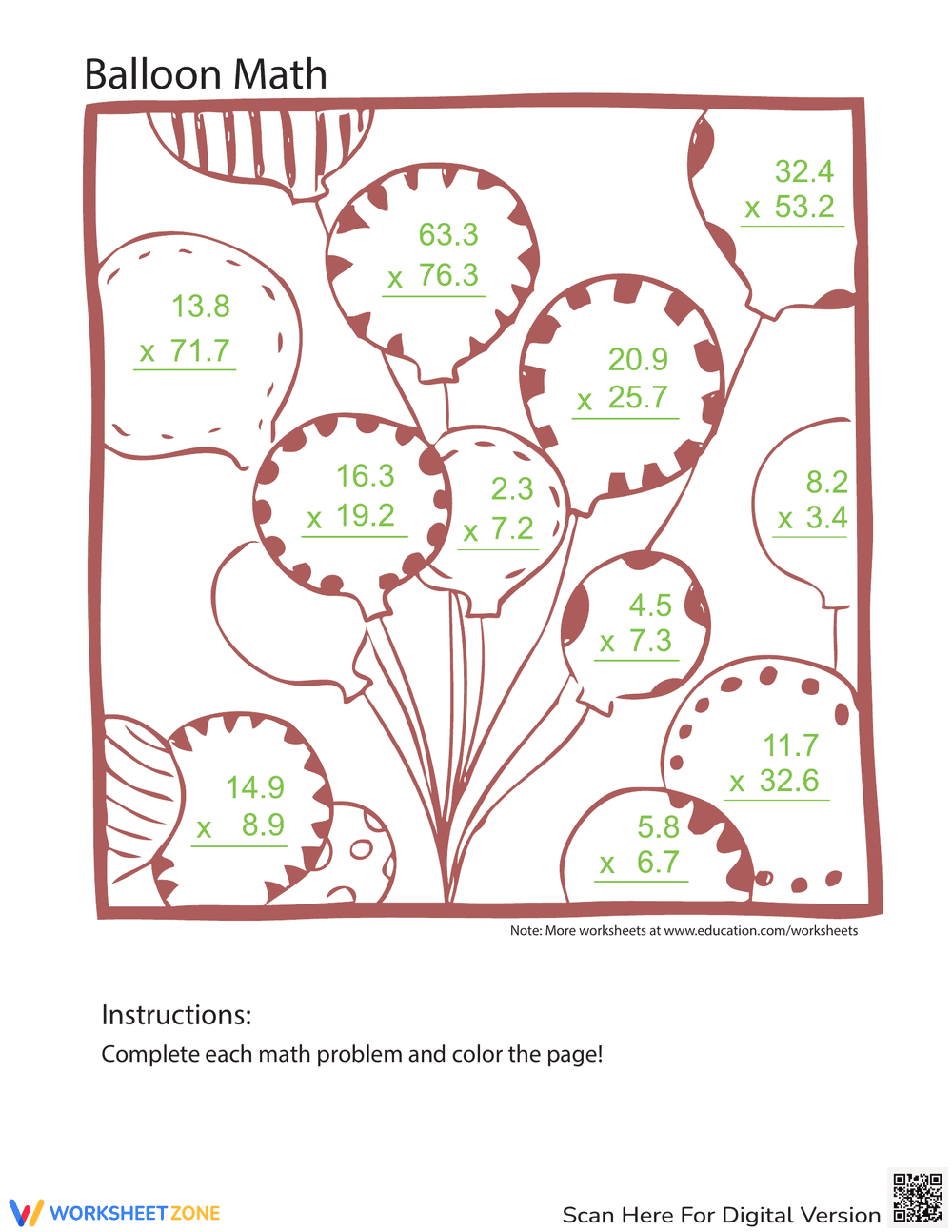 Addition Math Coloring Page Worksheet - Page 1