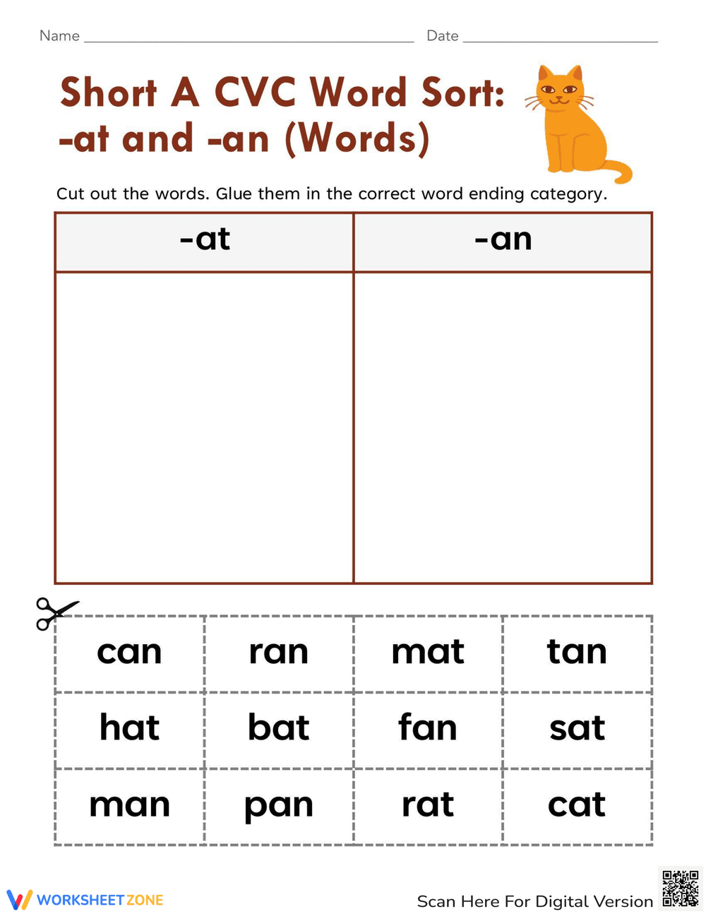 Short 'A' CVC Word Sort: 'at' and 'an' - Page 1