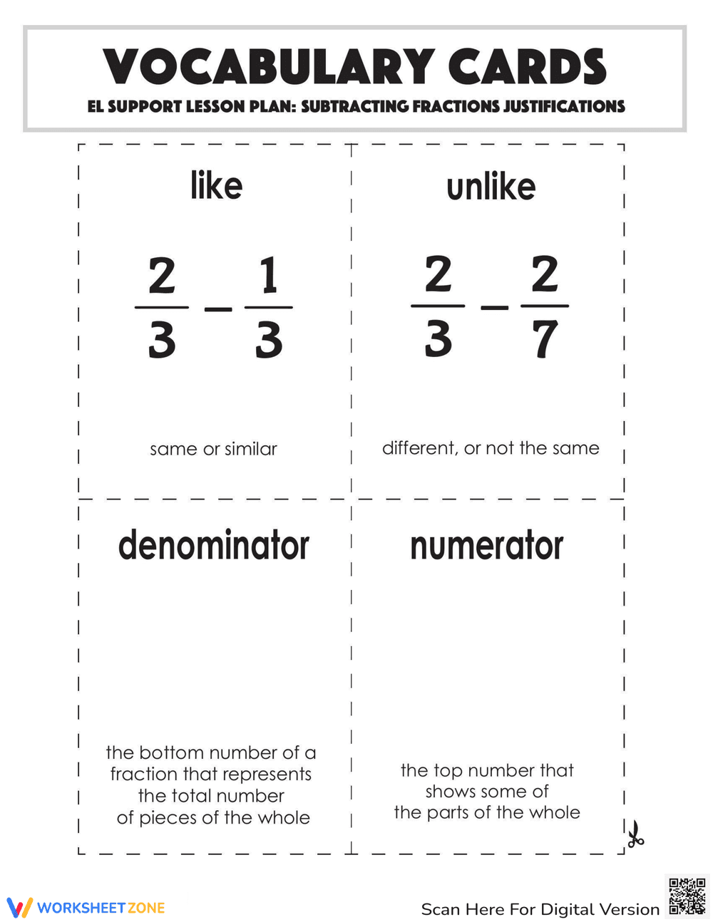 Subtracting Fractions Vocabulary Cards - Page 1