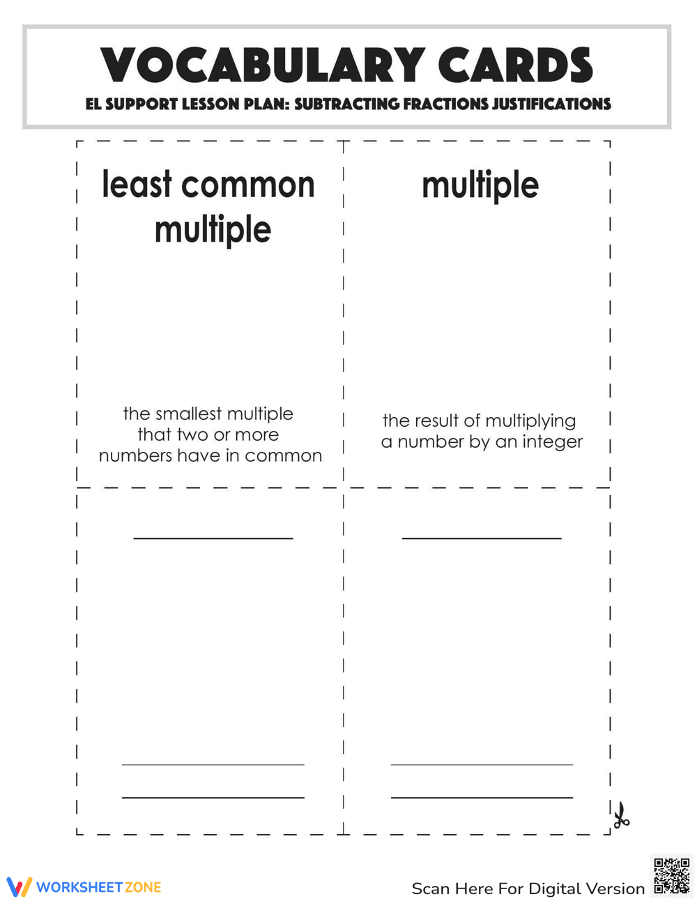 Subtracting Fractions Vocabulary Cards - Page 2
