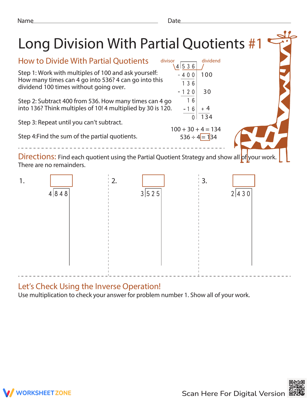 Long Division With Partial Quotients #1 - Page 1