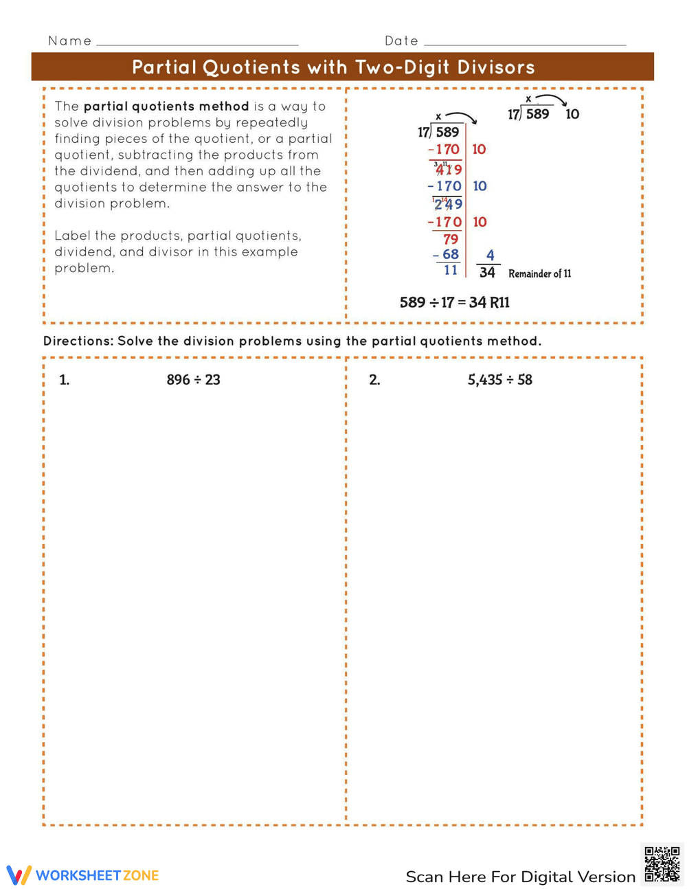Partial Quotients with Two-Digit Divisors - Page 1