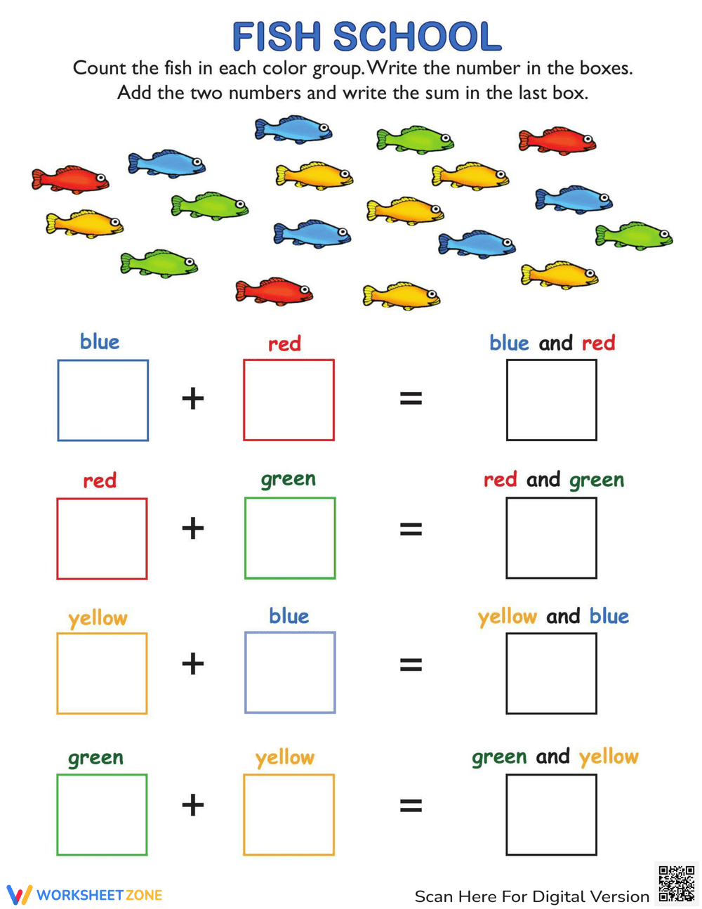 Fun with Addition: Fish School Worksheet - Page 1
