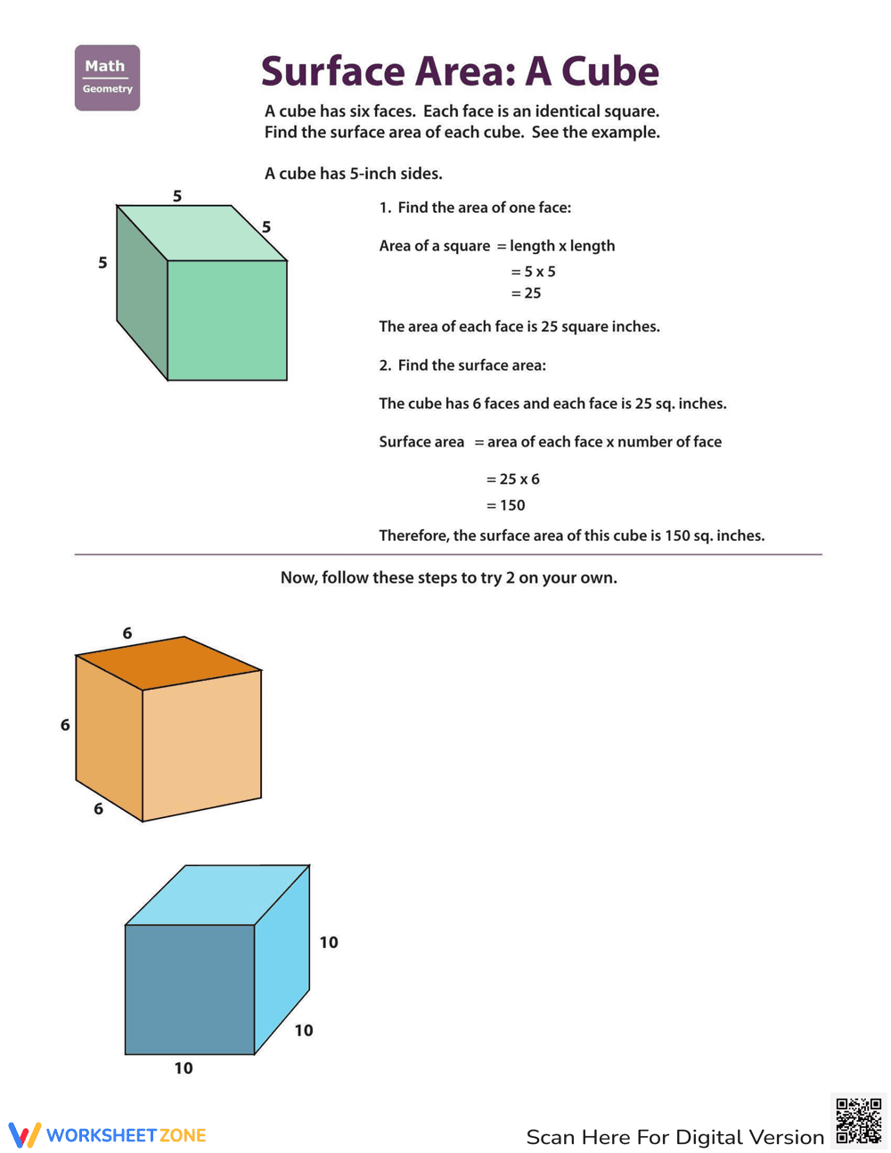 Calculating Surface Area of a Cube Worksheet - Page 1