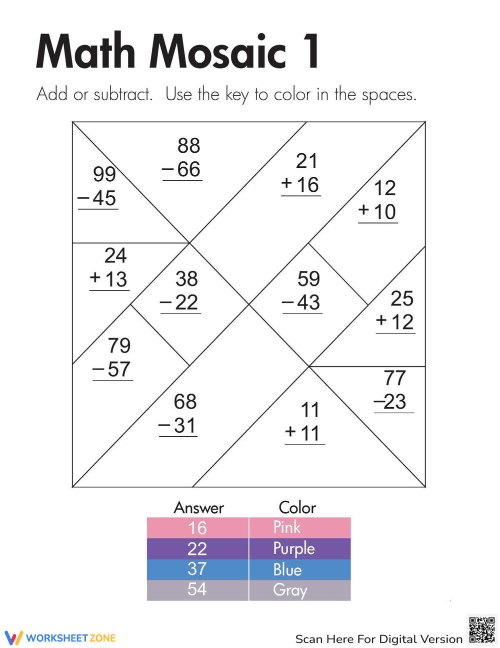 Math Mosaic: Color by Number Worksheet - Page 1