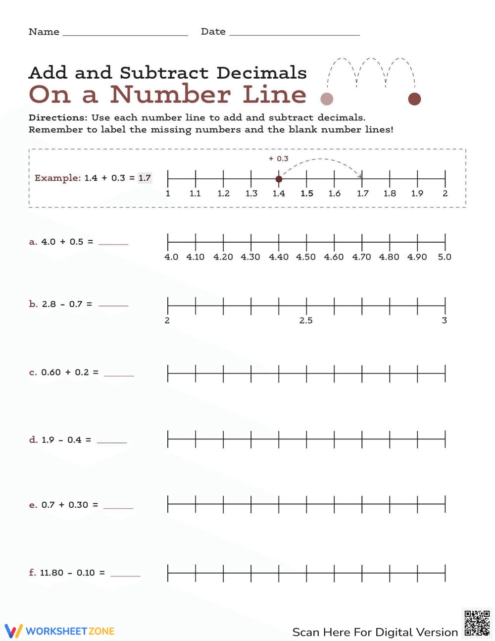 Add and Subtract Decimals on a Number Line - Page 1