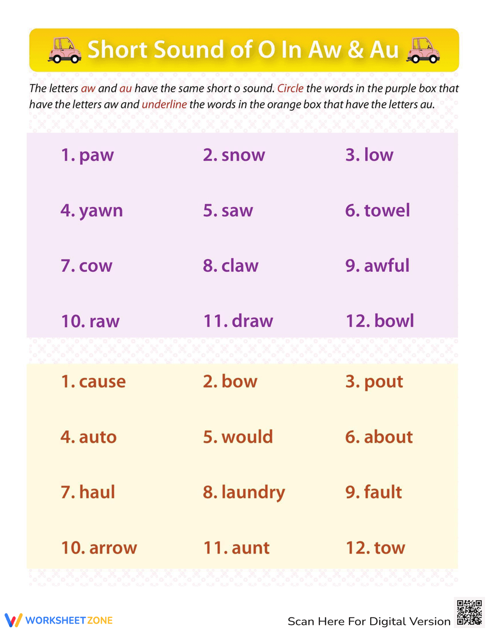 Explore 'AW' and 'AU' Sounds Worksheet - Page 1