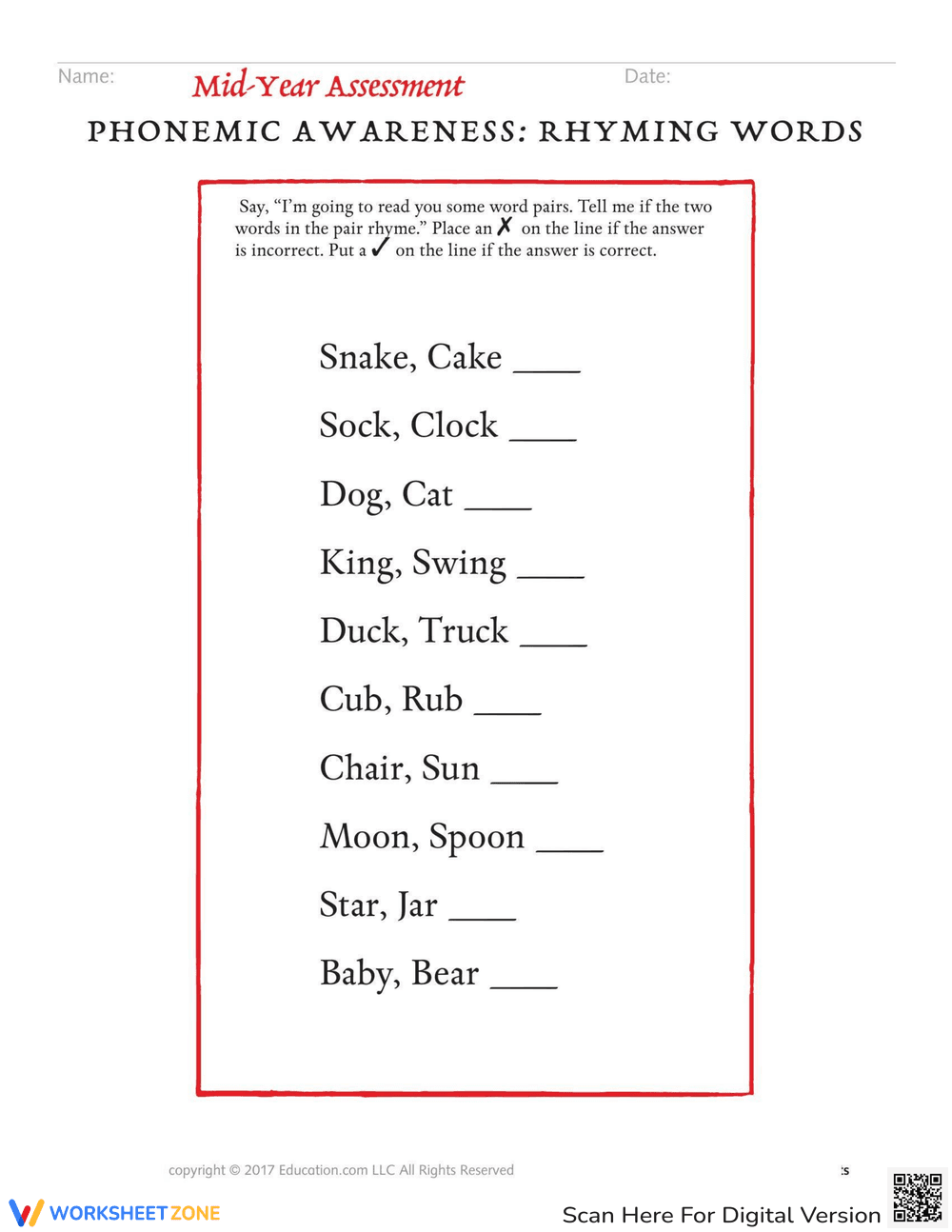 Rhyming Words Assessment - Page 1