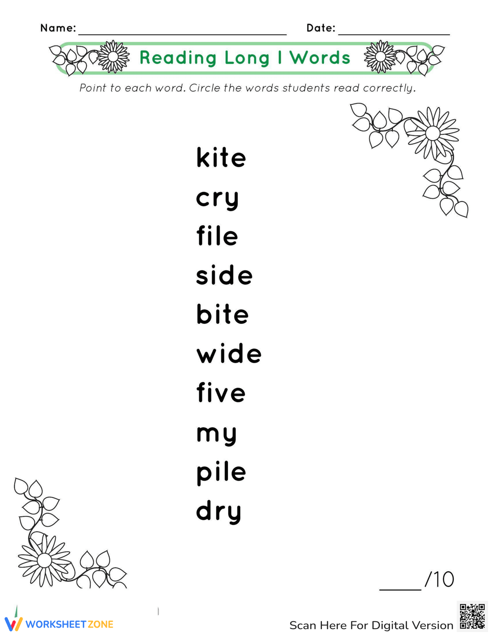 Reading Long I Words Practice - Page 1