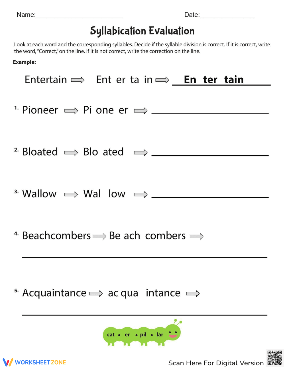 Syllabication Evaluation Worksheet - Page 1