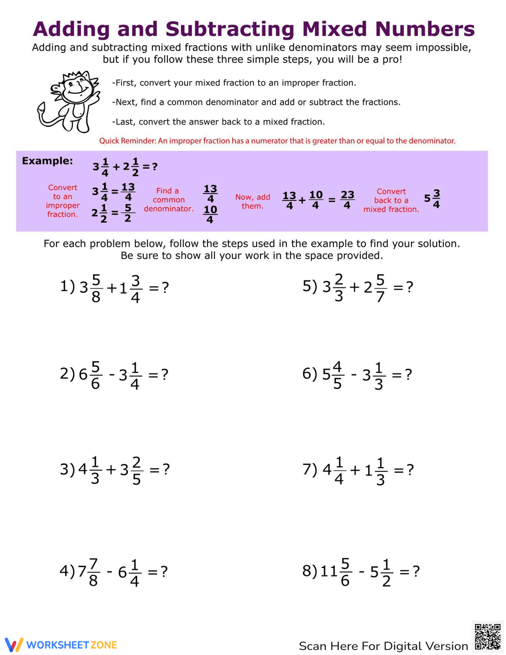 Adding & Subtracting Mixed Numbers - Page 1