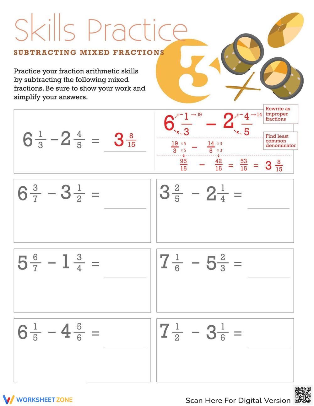 Subtracting Mixed Fractions - Page 1