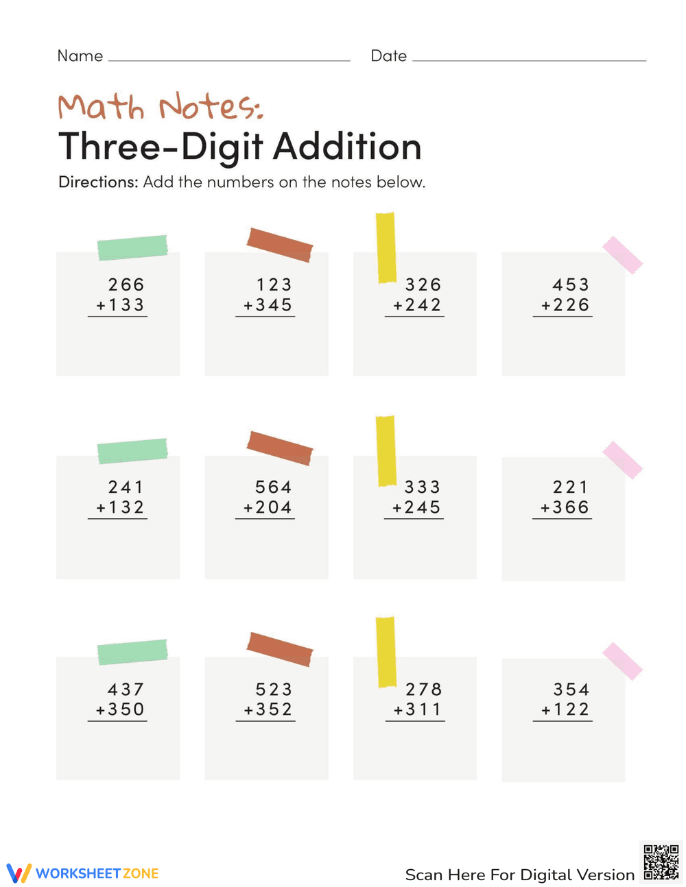 Math Notes: Three-Digit Addition - Page 1