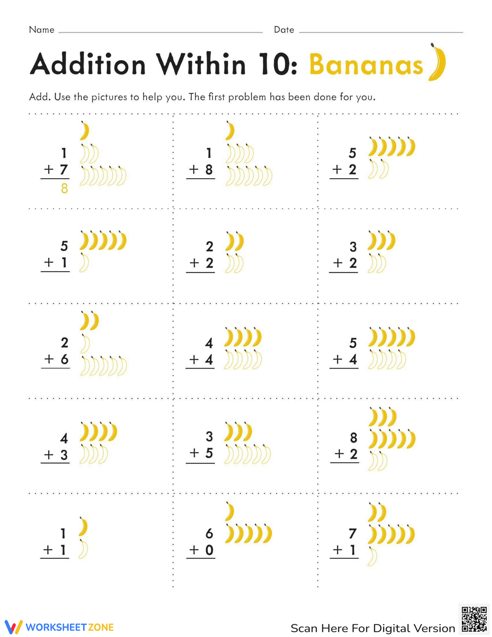Count and Add: Banana Addition Practice - Page 1