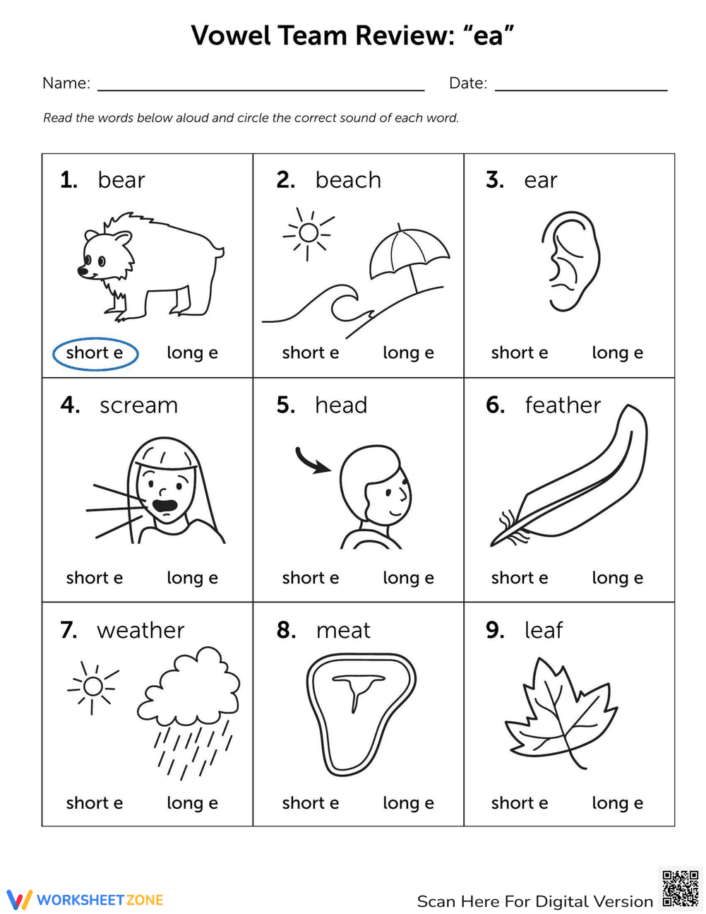 Vowel Team Review: EA Practice Worksheet - Page 1