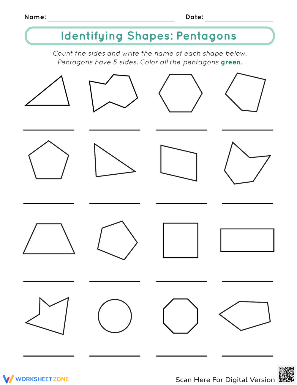 Identifying Shapes: Pentagons Worksheet - Page 1