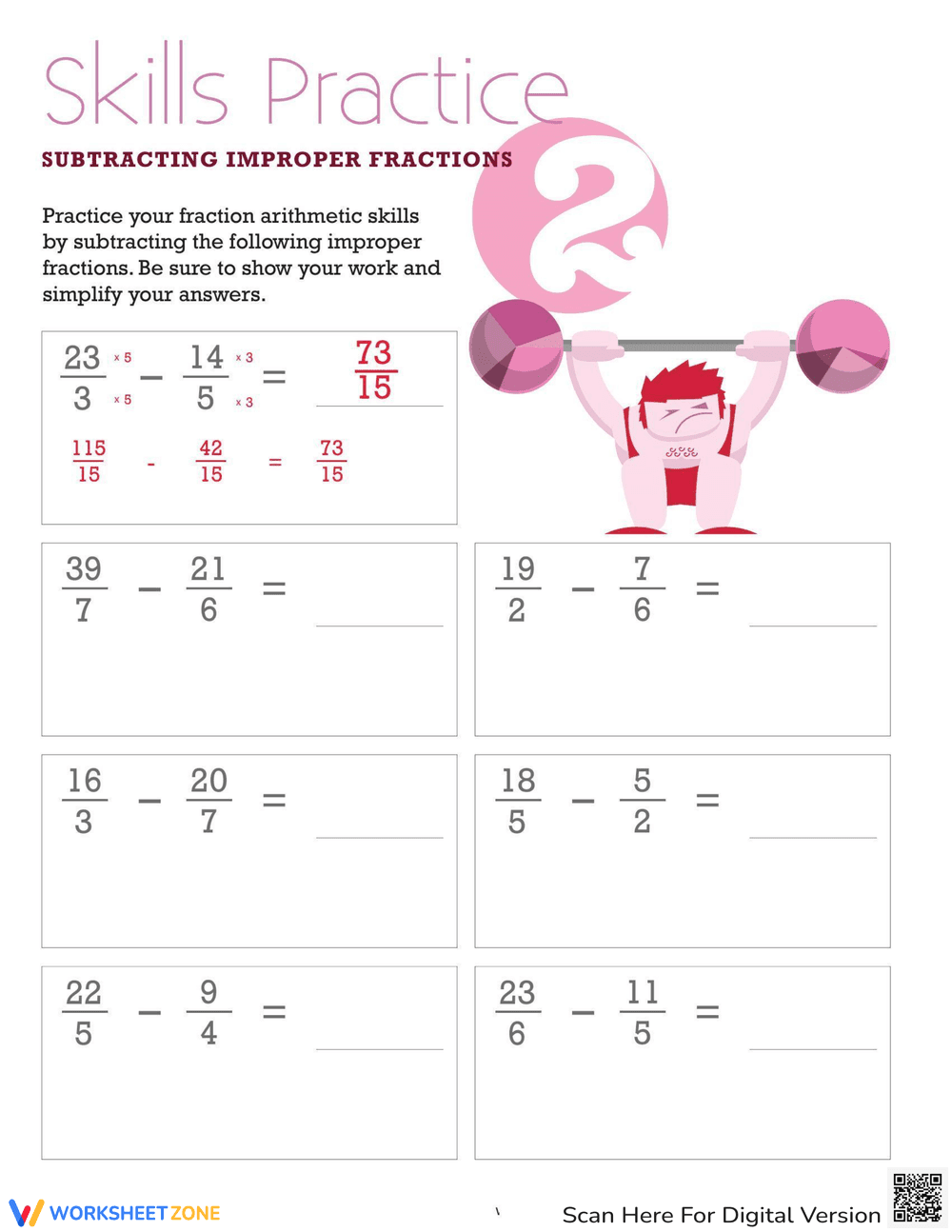 Subtracting Improper Fractions Worksheet 2 - Page 1