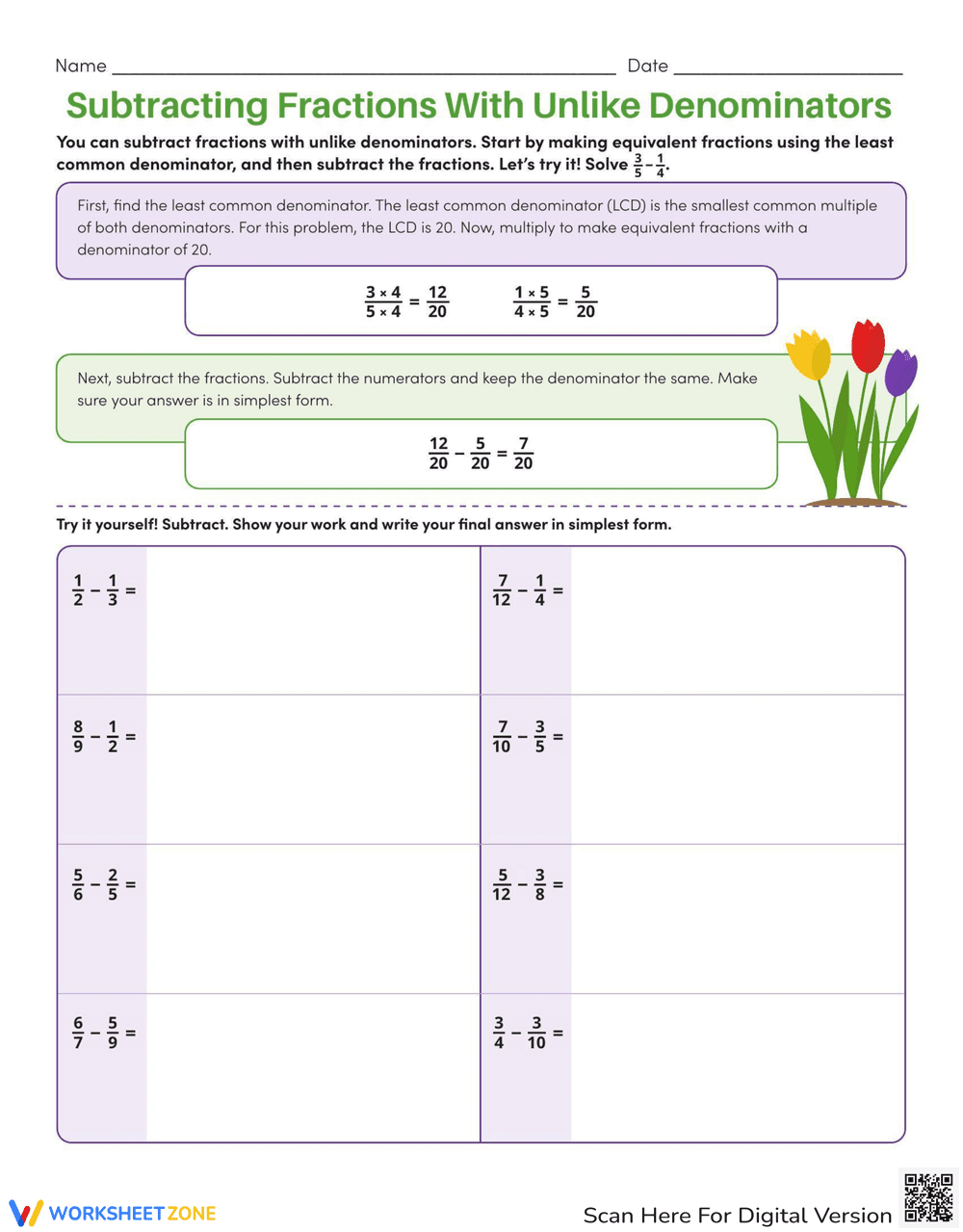 Subtracting Fractions with Unlike Denominators - Page 1